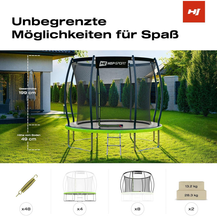 Трамплін Hop-Sport Outdoor – діаметр 244/305/366/427/488 см. Комплект з захисним сіткою, вигнутими ніжками та сертифікатами безпеки. З драбиною та захисним бордюром.