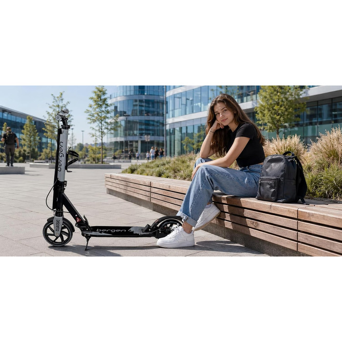 Самокат міський Bergеn City Scooter Classic складаний, 200 мм, дискове та ножне гальмо, амортизація, алюміній, регульована висота, для дітей від 6 років та дорослих до 100 кг (Сірий)