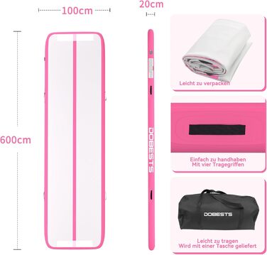 Мат для гімнастики DOBESTS Airtrack Matte рожева 600x100x20 см з насосом та сумкою
