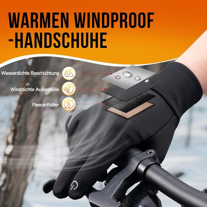 Рукавички PUIOU для чоловіків та жінок, теплі зимові велосипедні рукавички, спортивні рукавички з сенсорним екраном, вітрозахисні, антиковзні (M, чорний)