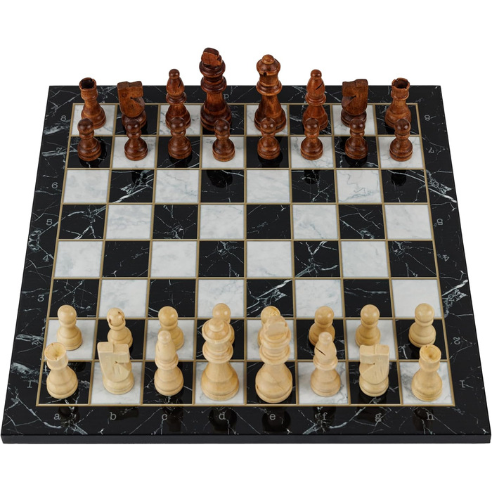 Класична шахова дошка з дерева HBS GAMES, 37 см, чорний мармур, ручна робота, набір шахи та шашки, сімейна настільна гра
