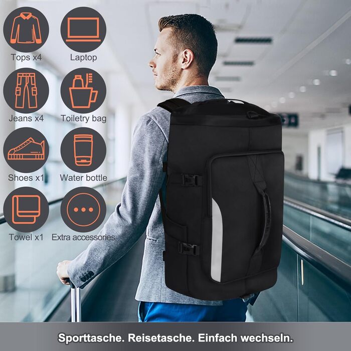 Спортивна сумка JiangLin 45L з відділенням для взуття та мокрих речей, велика дорожня сумка для чоловіків та жінок, рюкзак-валіза для спорту, подорожей, фітнесу, плавання (чорний)