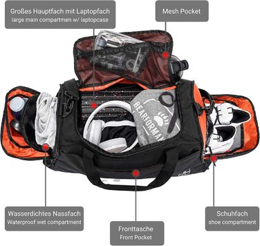 Bearformance Ultimate Спортивна сумка-рюкзак 50L з відділенням для взуття та вологих речей, чорна, з переробленого PET, для тренажерного залу, спорту, подорожей, чоловіків і жінок