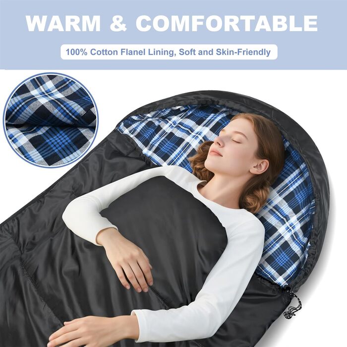 Спальний мішок Baumwoll-Flanell для дорослих, 100% бавовняний, для кемпінгу, походів, 3-4 сезони (Чорний/Блакитний)