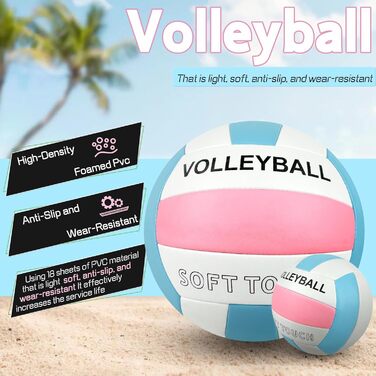 Волейбольний м'яч для пляжу та залу: м'який дотик, розмір 5, з рюкзаком та насосом, Puderblau та білий