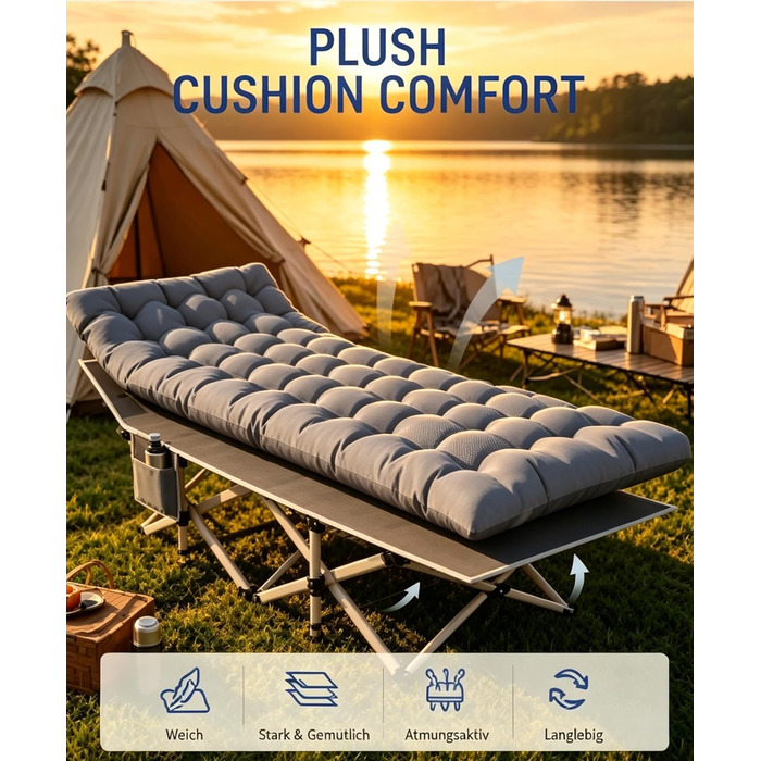 Ліжко туристичне розкладне Feldbett 7-зонне XXL 250 кг, 1200D Oxford, кут нахилу 15°, сіре – для кемпінгу, саду, палатки