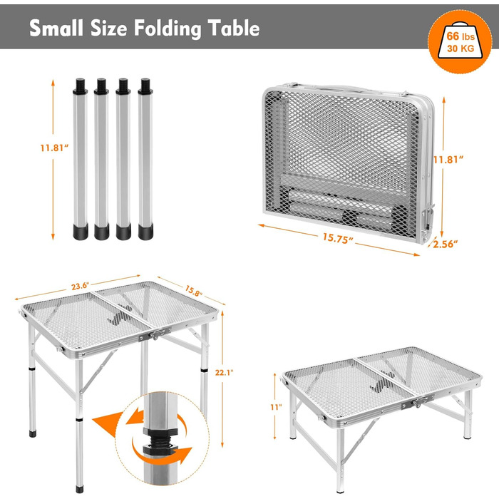 Складаний туристичний столик EASTSTORM 60x40 см з металевою сіткою, 2 рівня висоти, для кемпінгу та відпочинку на природі