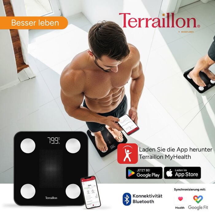 Інтелектуальна вага TERRAILLON WEIGHT CONNECT з Bluetooth, аналіз складу тіла (жир, м'язи, вода, кістки), BMI, ємність 180 кг, шкала 50 г, LED-дисплей, скляна платформа, чорний колір