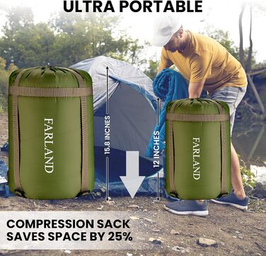 Сплячі мішки FARLAND для дорослих, підлітків та дітей, до -6.7°C, 3-4 сезони, водонепроникні, для кемпінгу та подорожей, з компресійним мішком