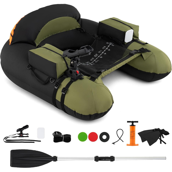 Надувне рибальське човен GYMAX з насосом, веслами, ластами та тримачами для вудок, belly boat з сіткою для риби та столиком для приманок, вантажопідйомність до 150 кг (зелений)