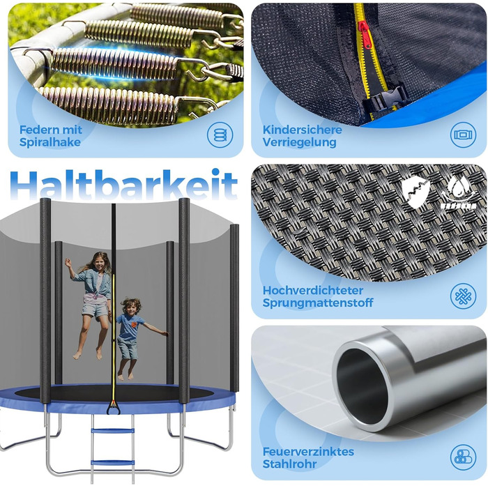 Батут Sekey Outdoor 244/305/366 см - сертифікований TÜV Rheinland GS, дитячий, для саду, з безпечним мотузковим драбиною, посиленим захисним сіткою та захисним бортиком, блакитний (305 см/10 футів)