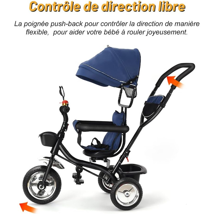 Триколісний велосипед для дітей, 5 в 1, росте разом з дитиною: велосипед, візок, поворотний сидіння 360°, ручка-штовхач, знімний тент, ремінь безпеки 3 точки, кошик для зберігання, 1-5 років