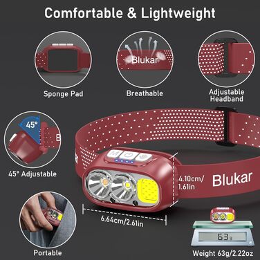 Кепка-ліхтарик Blukar LED з регулюванням температури кольору, перезарядна, 2000L, з червоним світлом та сенсором, 12 режимів, водонепроникна, 30+ годин роботи для надзвичайних ситуацій/кемпінгу/бігу (каштанового кольору)