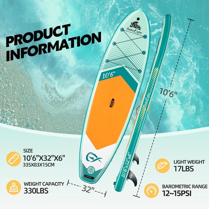 SUP-дошка InnoExpo надувна з повним комплектом аксесуарів, м'ятна 320x82x15 см, для підлітків та дорослих