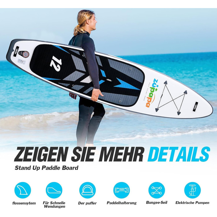 Надувний SUP Борд Zupapa 320/366см | Stand Up Paddle Board з сидінням для каяка | Комплект аксесуарів чорно-біло-сірий
