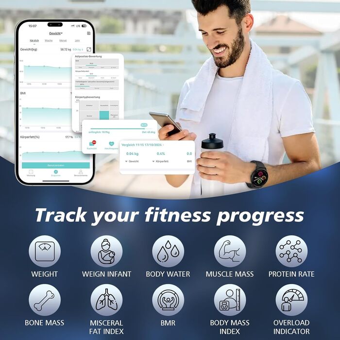 Вага для вимірювання жиру в тілі з датчиками, аналізатор складу тіла з великою ручкою-дисплеєм, вага з 8 високоточними сенсорами та APP, персональна вага з аналізом жиру для 32 показників (Чорний)