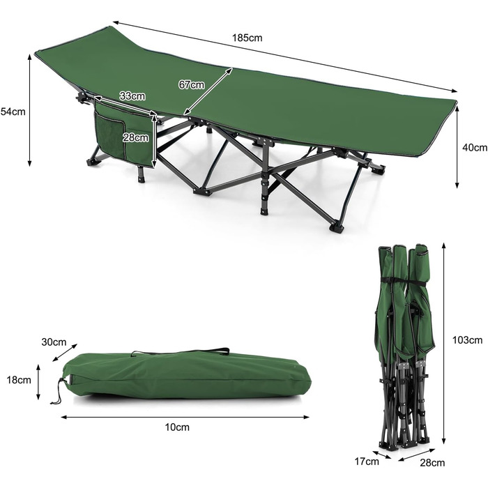 Розкладне ліжко SOARS для кемпінгу та відпочинку: стабільне металеве ліжко з кишенею та сумкою, до 272 кг, для саду та дому, зелене