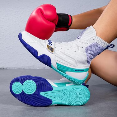 Чоловічі боксерські черевики BLBK для боротьби, кікбоксингу, муай-тай та спарингу. Дихаючі боксерські черевики для чоловіків та юнаків. Білий, синій, 39 EU