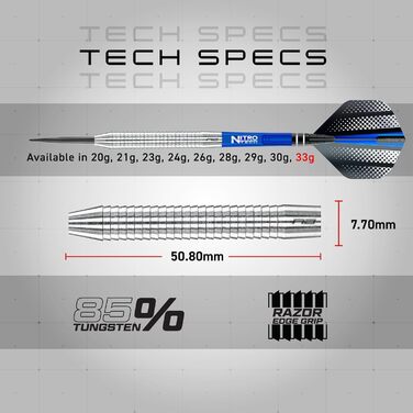 Професійні дартси Red Dragon Razor Edge 33 г, вольфрамові, сталевий наконечник, з оперенням і держателями, сріблясті