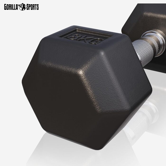 Гантелі шестигранні GORILLA SPORTS 8 кг – гумові, гантель для фітнесу, силових тренувань, рифлений хромований гриф
