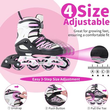 Інлайни BELEEV для дітей, підлітків та дорослих, ролики з регульованим розміром, світлодіодні шнурки та колеса, рожевий колір