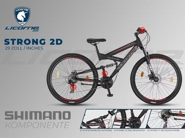 Гірський велосипед Licorne Bike Strong 2D Premium 29 дюймів, чорний/червоний, дискові гальма, 21 швидкість, повна амортизація для юнаків, дівчат, жінок і чоловіків