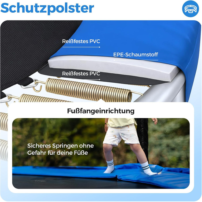 Батут Sekey Outdoor 244/305/366 см - сертифікований TÜV Rheinland GS, дитячий, для саду, з безпечним мотузковим драбиною, посиленим захисним сіткою та захисним бортиком, блакитний (305 см/10 футів)