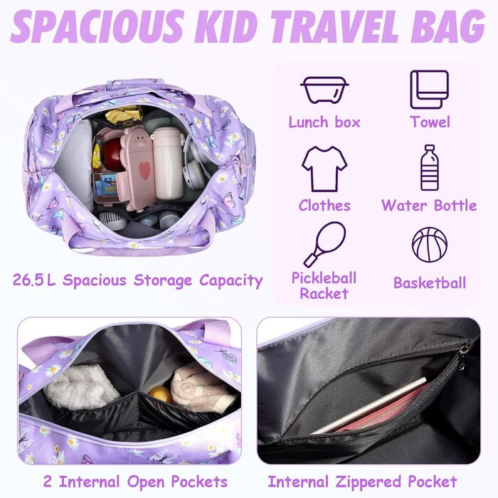 Спортивна сумка для дітей, дорожня сумка, мішок-сумка, спортивна сумка для плавання, для хлопчиків та дівчаток, водовідштовхувальна, з відділенням для взуття (фіолетовий метелик)