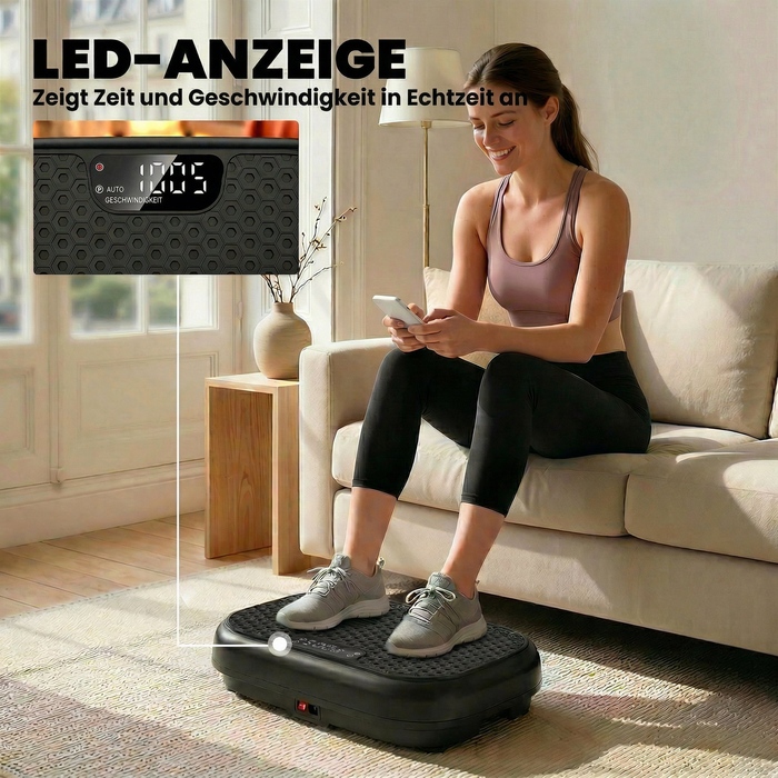 Віброплатформа з 120 рівнями інтенсивності, 5 програмами, пультом дистанційного керування та LED-дисплеєм для нарощування м'язової маси, чорного кольору