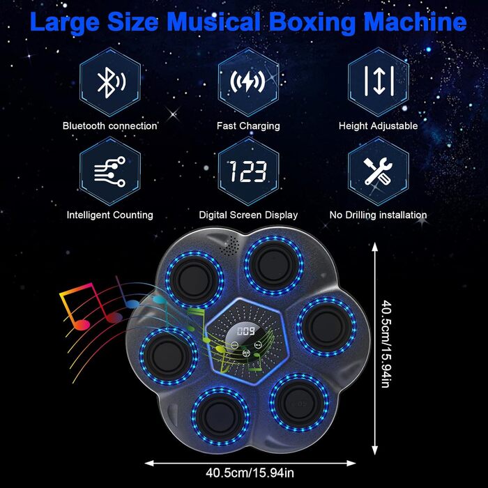 Музична боксерська машина Yolispa для дорослих та дітей, 9 режимів, 18 швидкостей, LED-підсвічування, Bluetooth, з боксерськими рукавичками