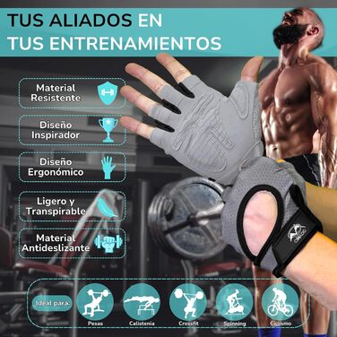 Рукавички для фітнесу CrossFit для чоловіків та жінок, дихаючі, неслизькі, з підкладкою (сірий, M)
