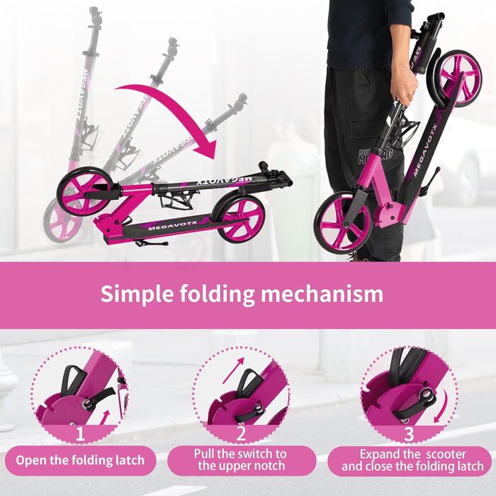 Складаний дитячий ролер з колесами 20 см – скутер для дітей від 8 років та дорослих, регульоване кермо, вантажопідйомність до 100 кг (Рожевий)
