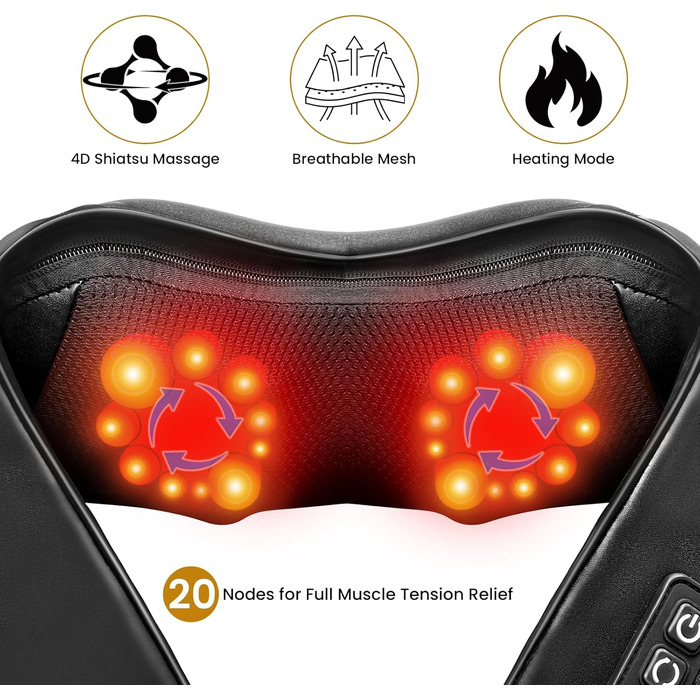 Масажер для шиї TISSCARE Shiatsu з підігрівом - електричний масажер для шиї, спини, плечей, ніг та ступнів. Глибокий масаж для розслаблення. Подарунок для батьків та партнерів, чорний