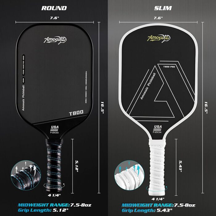 Ракетка для піклболу Amoswiz з карбону, 16 мм, T800 термоформована, для обертання, потужності та контролю, з чохлом та ластиком, подарунок для професіоналів та початківців (чорний)