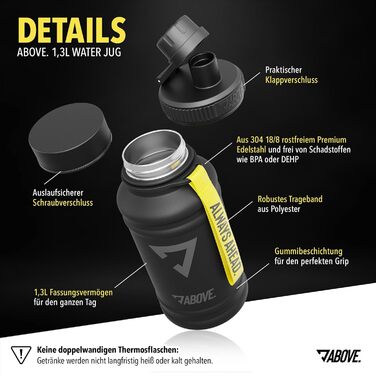 Сталева фляга ABOVE 1.3L/2.2L – без BPA, не протікає, міцна – 2L металева пляшка з додатковим клапаном для спорту, фітнесу та активного відпочинку | Преміум-якість, подарункова коробка (Чорний, 1300 мл)