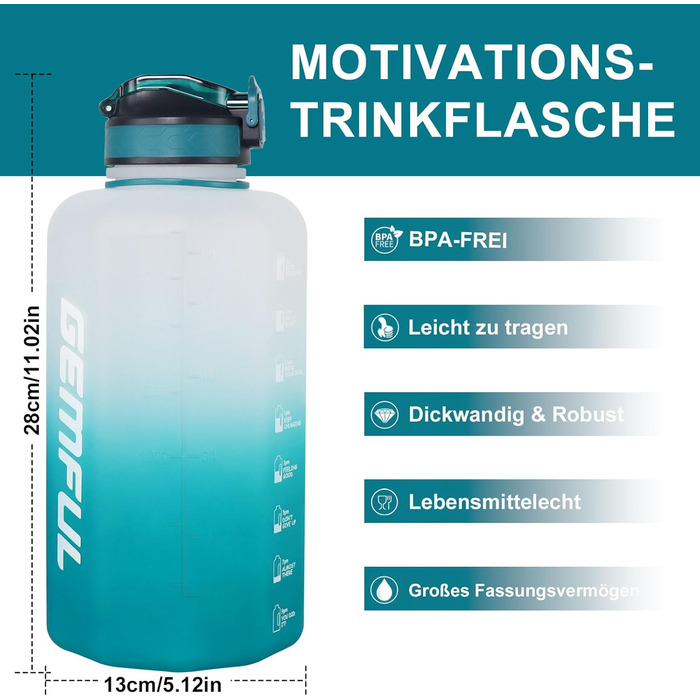 Фляга для води GEMFUL 2.2 л зі трубочкою, велика спортивна пляшка з позначками часу, BPA-free, для фітнесу, велоспорту, активного відпочинку та роботи (Цян)