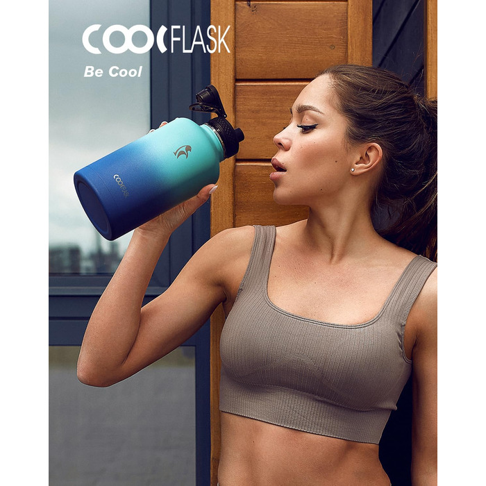 Ізольована пляшка для води Coolflask 2L з трубочкою та 3 кришками, з нержавіючої сталі, для спорту та офісу, подвійне вакуумне покриття, без витоку