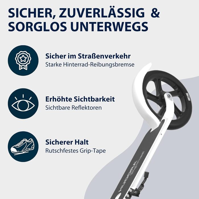 HUDORA BigWheel Pure Scooter: Скутер з алюмінієвої рами, регульованої висоти, складний, до 100 кг, для підлітків та дорослих (білий)