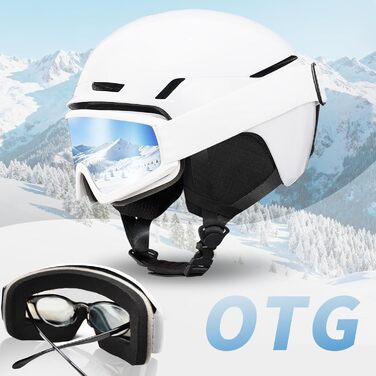 Шкільний шолом з маскою DXH816: захисний шолом для жінок та чоловіків з регульованими навушниками, дихаючий, амортизуючий, з захистом від УФ-випромінювання, для катання на лижах та сноуборді, білий глянцевий + маска