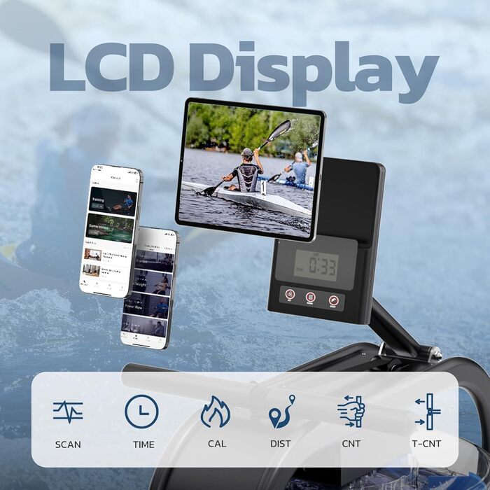 Гребний тренажер Dripex з резервуаром для води 20 л, LCD-дисплеєм та монітором ритму. Макс. вага користувача: 120 кг.