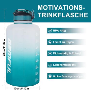 Фляга для води GEMFUL 2.2 л зі трубочкою, велика спортивна пляшка з позначками часу, BPA-free, для фітнесу, велоспорту, активного відпочинку та роботи (Цян)