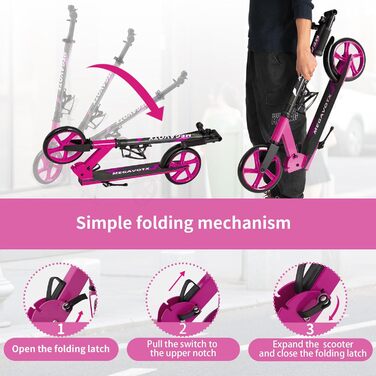 Складаний дитячий ролер з колесами 20 см – скутер для дітей від 8 років та дорослих, регульоване кермо, вантажопідйомність до 100 кг (Рожевий)