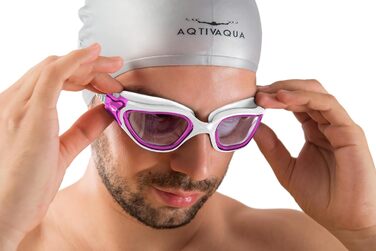 Окуляри плавальні AqtivAqua DX фотохромні, рожеві металік + чохол: широкий огляд, UV-захист, антифог, герметичні, для басейну та відкритої води, регульований силіконовий ремінець (унісекс)