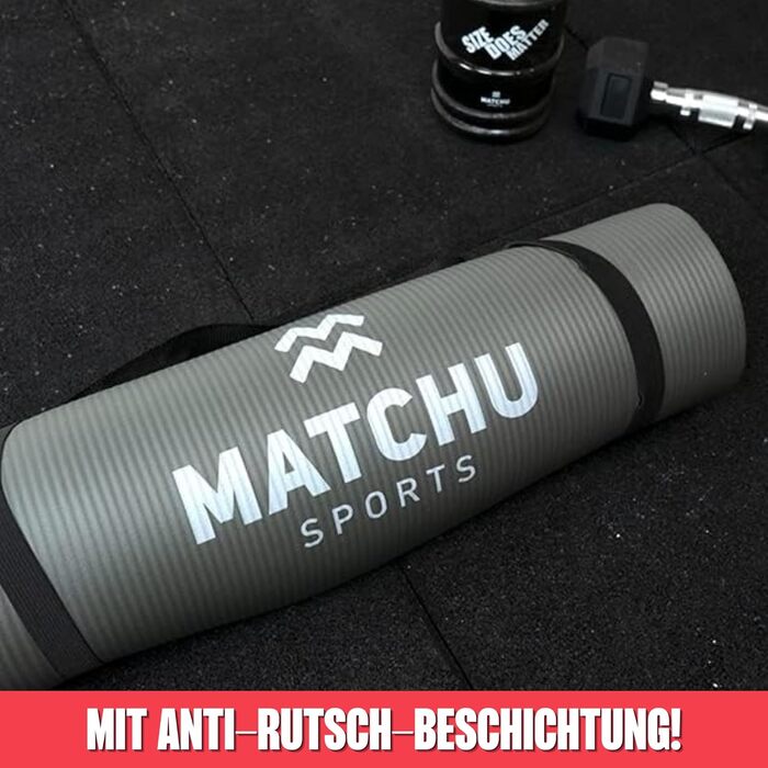 Килимок для фітнесу, йоги та спорту MATCHU, сірий, 180x60x1 см, NBR, з ременем для перенесення, антиковзкий