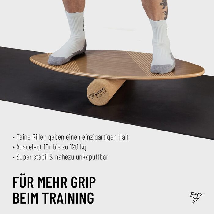 Балансувальна дошка Kolibri Board Round Grip з корковим валиком, дерево, без пластику, екологічна, для початківців і досвідчених, Німеччина, коричнева