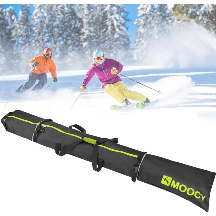 Сумка для лиж MOPHOEXII MOOCY: для перевезення ліж в авіаперельотах, підходить для лиж до 200 см, чорна з зеленим кантом