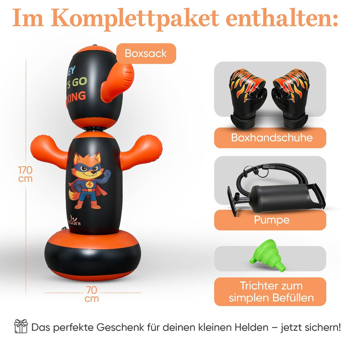 Боксерський мішок дитячий Lululearn® з поворотним верхом, з рукавичками для боксу (від 2 років) для хлопчиків та дівчаток: бокс, карате, тхеквондо