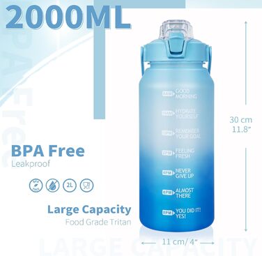 DEARRAY Спортивна пляшка для води 2 л Tritan з трубочкою, BPA-free, мотиваційна, з часовою міткою, для спорту, фітнесу, туризму, блакитна/темно-синя