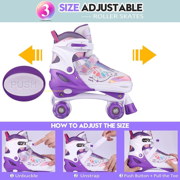 Дитячі ролики Hikole, регульовані, 4 колеса, світлові ефекти, для початківців, фіолетові