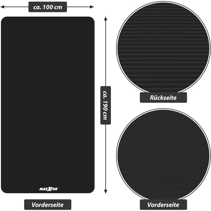 Фітнес-мат для йоги MAXXIVA 190x100x1,5 см, чорний, антиковзкий, без фталатів, з ременем для перенесення – гімнастичний, спортивний, тренувальний килимок